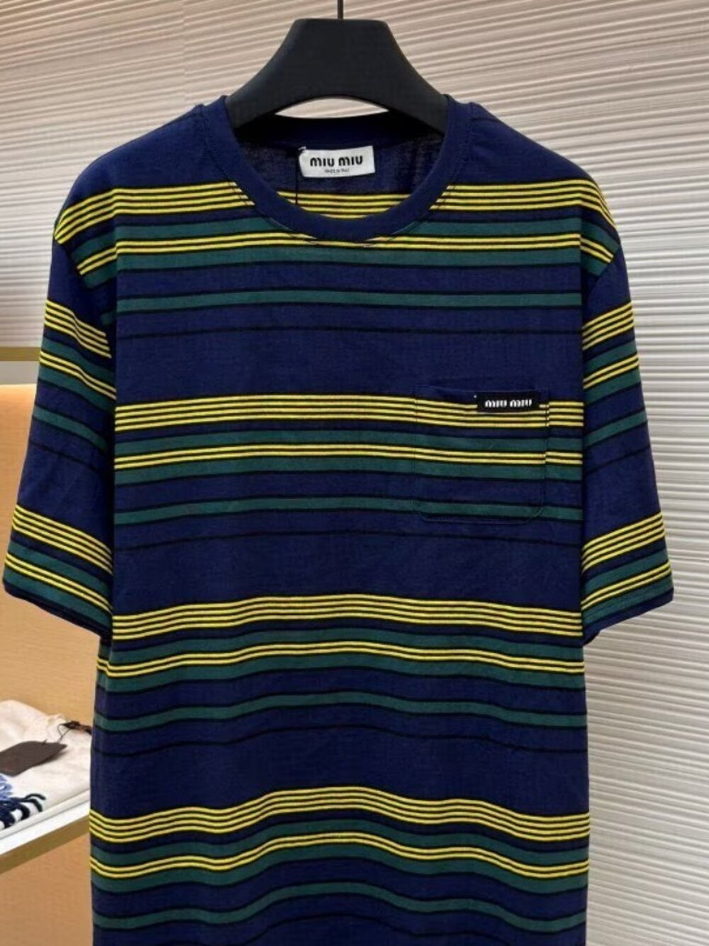 Miu Miu Navy T-Shirt with Yellow and Green Stripes
